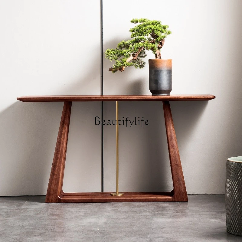 

02 New Chinese style wabi-sabi wind entrance against the wall aisle black walnut simple solid wood narrow edge