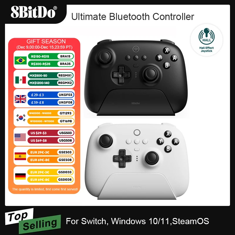 8Bitdo Ultimate Bluetooth-контроллер с зарядной док-станцией, беспроводной геймпад с джойстиком с датчиком эффекта Холла для ПК с переключателем