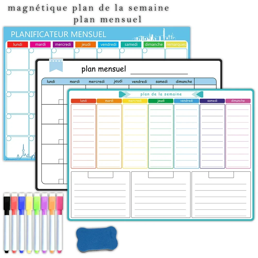 Magnetischer Wochen- und Monatsplaner im A3-Format: Spanisch, Französisch, Englisch. Trocken abwischbarer Whiteboard-Kühlschrankaufkleber-Kalender