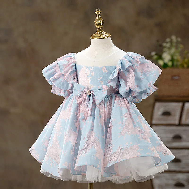 

Baby Girls Birthday Dresses Princess Party Gowns Bow Draped Flower Girl Dresses 2023 Puff Sleeve Sweet Kids Ball Gown Skirt