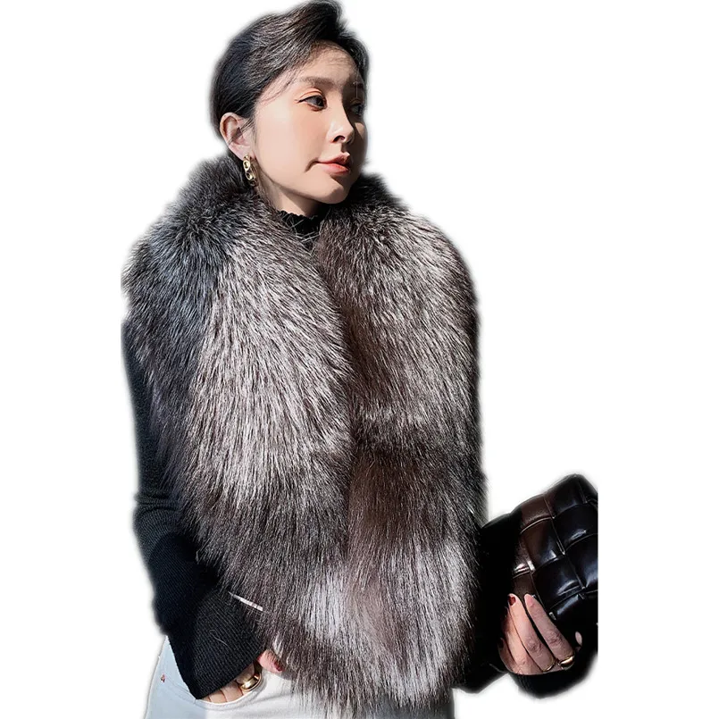 100% Genuine Silver Fox Fur Scarf  Women Fluffy Neck Warmer Outdoor Warm Soft Collar