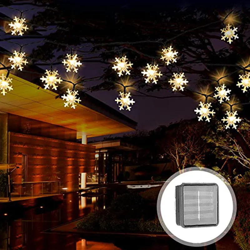 LED Snowflake Fairy String Lights Solar Garland Lamp Festoon Outdoor for Garden Christmas Tree Wedding Party Home Decoration
