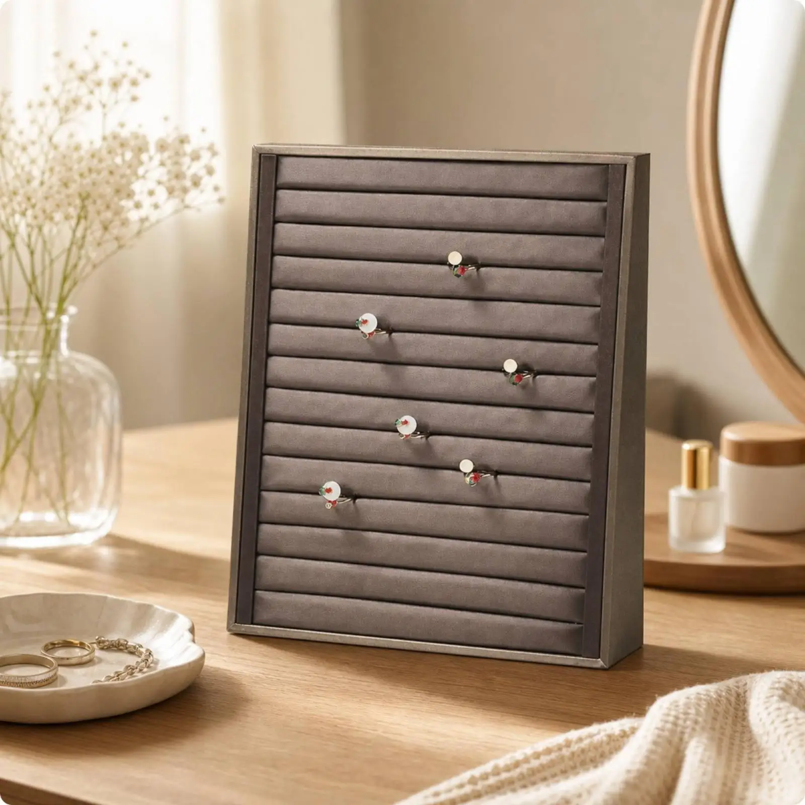 Brown PU Leather Jewelry Storage Tray with Elastic Band for Ring Display and Accessory Organization