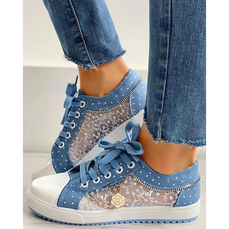 Polka lace Flats Women Casual Shoes Lace-Up Leisure Sexy Mesh Match Comfortable Chaussure Femme  Hollow  for  2023