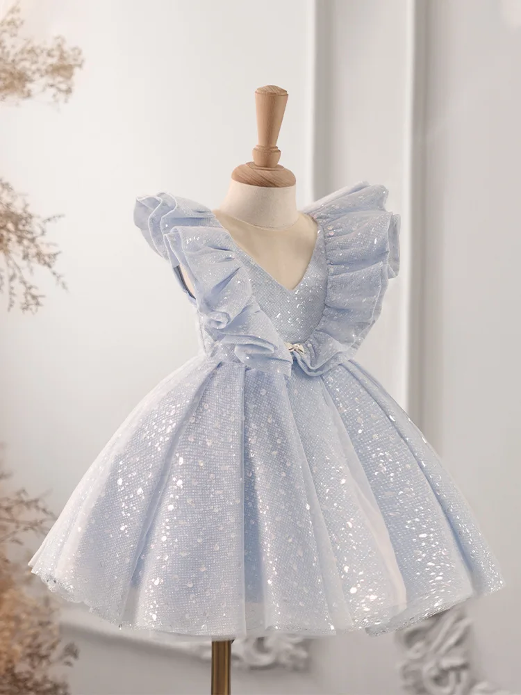 Robe princesse de luxe pour petite fille, tenue de mariage tutu avec nœud papillon, couleur bleue brillante, pour fête d\'anniversaire, 2024