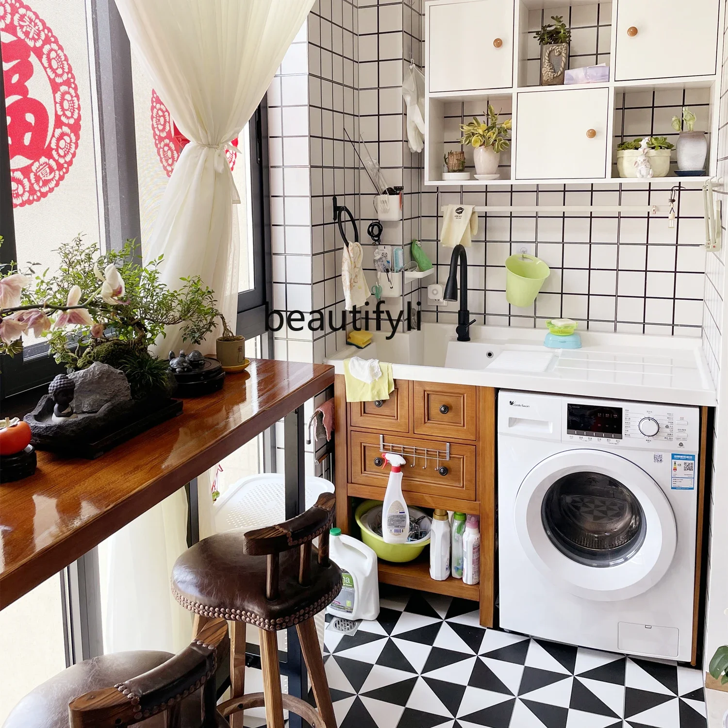 X Balcony Laundry Cabinet Combination Solid Wood Washing Machine Cabinet Bathroom Cabinet with Washboard Basin Integrated