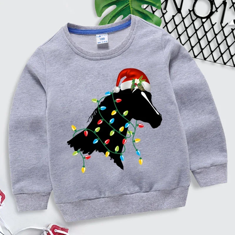 Light Bulb Black Horse Print Children\'s Hoodies Clothing Long Sleeves Sweatshirts Clothes Boys Girls Christmas Print Costumes