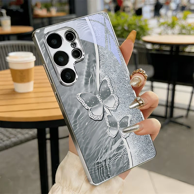 Crystal Butterfly Background Electroplated Silver Phone Case For Samsung S23 Plus S22 Ultra S21 S20 FE S24 S25 S26 Note 10 Cover