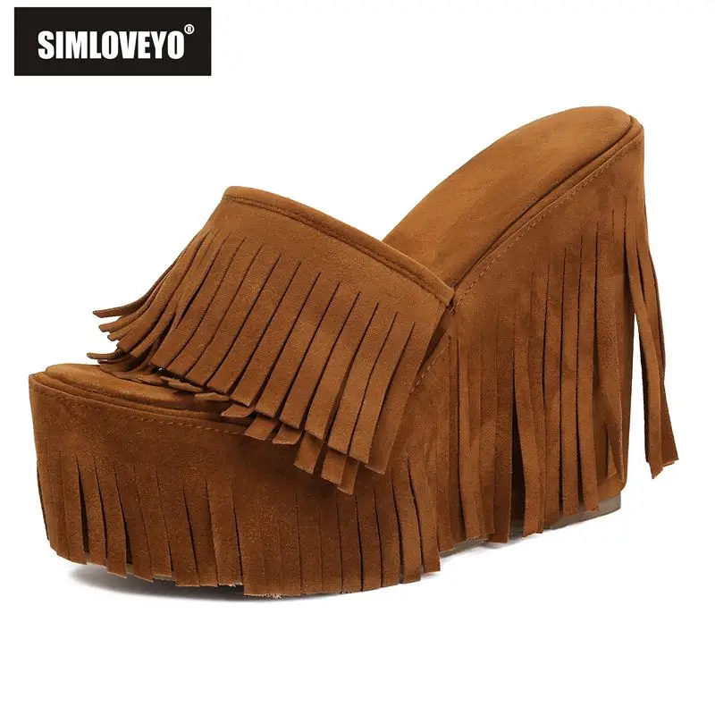 

SIMLOVEYO Beige Women Sandals Flock Suede Fringe 15cm Wedges Heel 6cm Platform Slip On Mules Large Size 47 48 49 50 Daily Shoes