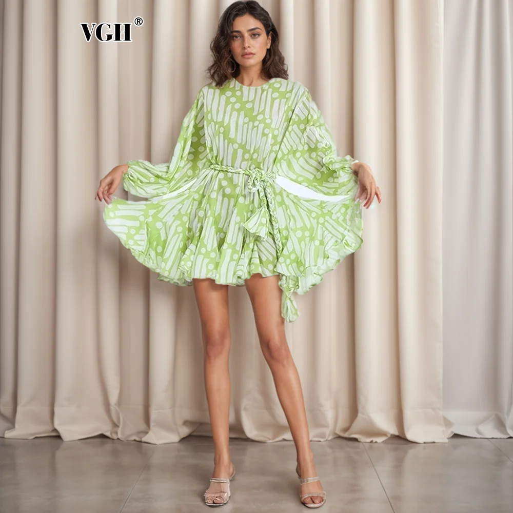 

VGH Vintage Print Hit Color Dress For Women O Neck Lantern Long Sleeve High Waist Lace Up Bowknot Dresses Female Summer New 2022