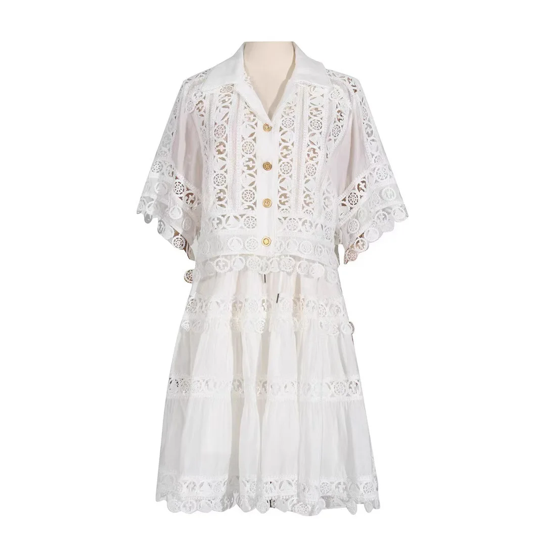 Luxury Pearl Hollow Out Short Dress Two Piece Set Women's 2025 Summer Holiday Embroidered Lace Short Shirt Half Skirt Suit Party