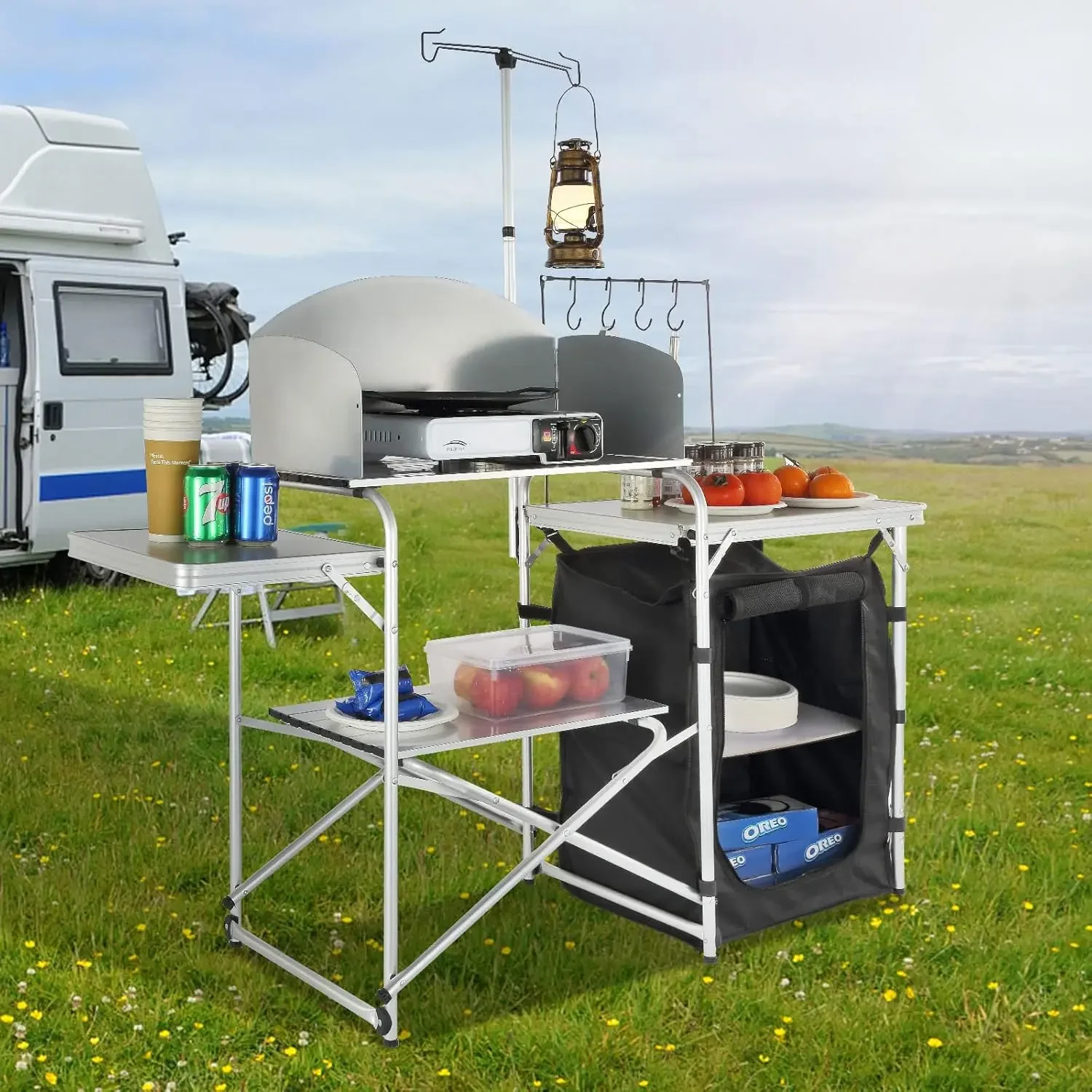 Camping Kitchen Table, Aluminum Portable Folding Camp Cook Station with Windscreen, Beach BBQ RV Traveling, Black