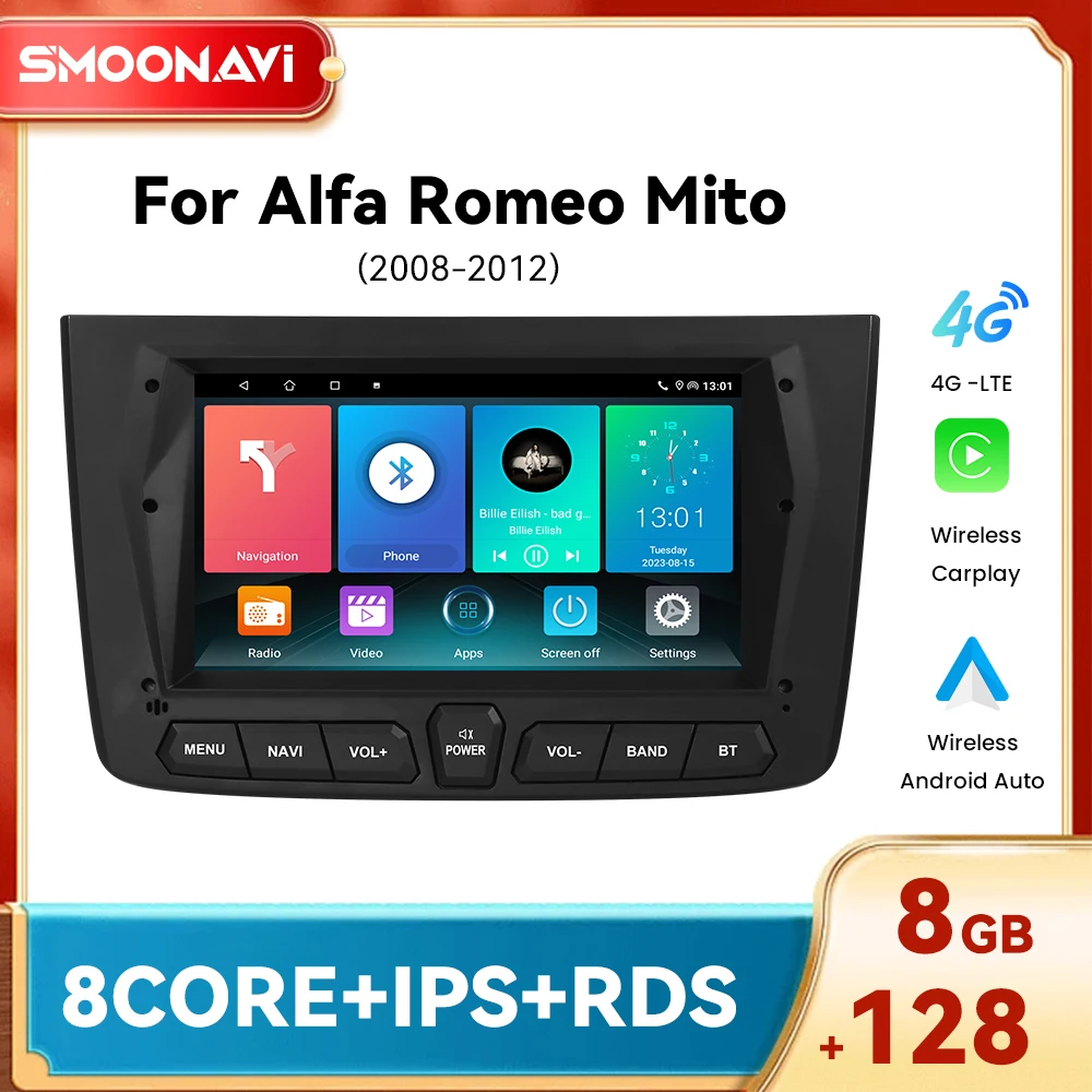 Lettore autoradio Carplay senza fili per Alfa Romeo Mito 2008-2012 AI Voice Android 14 4G Wifi DSP IPS RDS GPS 8GB 128GB di navigazione