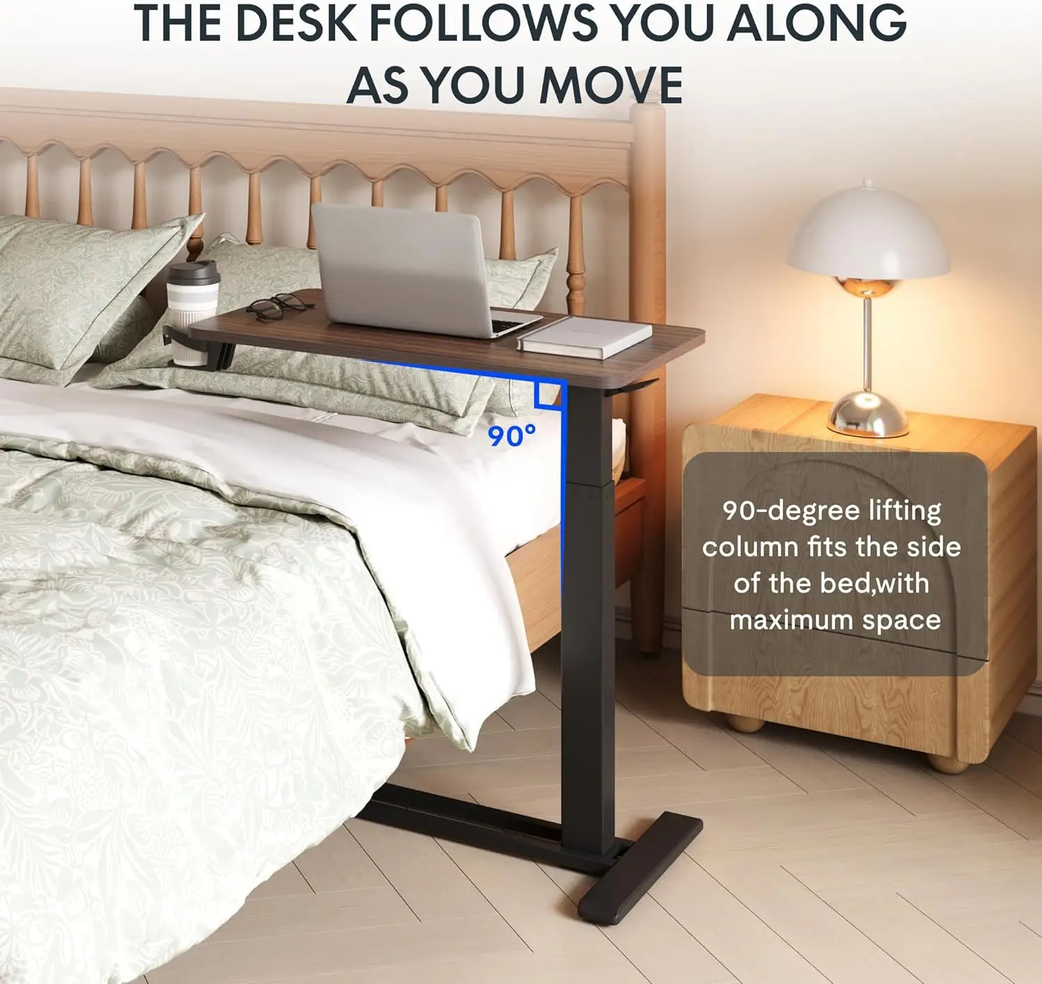 Medical Adjustable Bedside Table with Wheels Pneumatic Mobile Standing Desk Laptop Desk Rolling Computer Cart