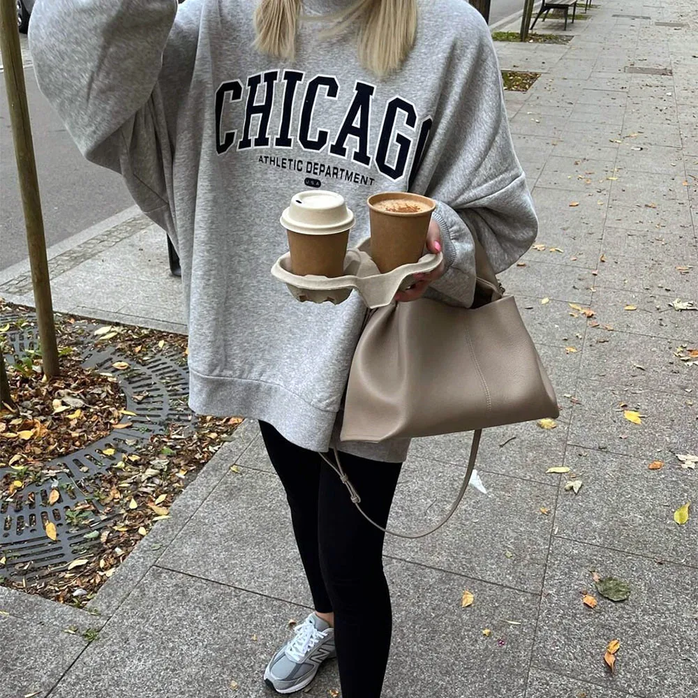 American Retro Chicago Athletic Department Letters Printing Street Y2K Autumn Sweatshirts 90s Women Thick Warm Fleece Pullovers