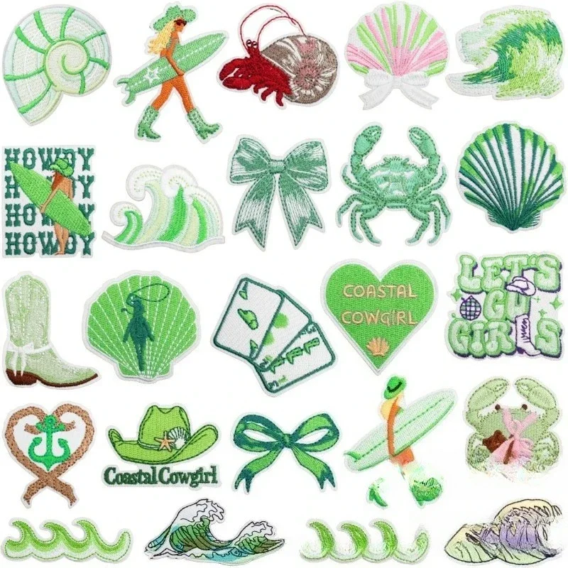 10 Peças de Adesivos de Tecido Bordados com Tema Verde, Patch de Menina Surfista de Verão, Decoração para Bolsas, Etiqueta de Bordado de Caranguejo para Jeans, Termocolante
