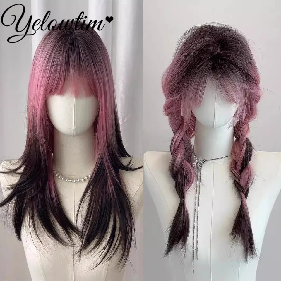 YELOWTIM Synthetic wig women's full head pink gradient black high-level feeling long straight hair full head cover daily wear