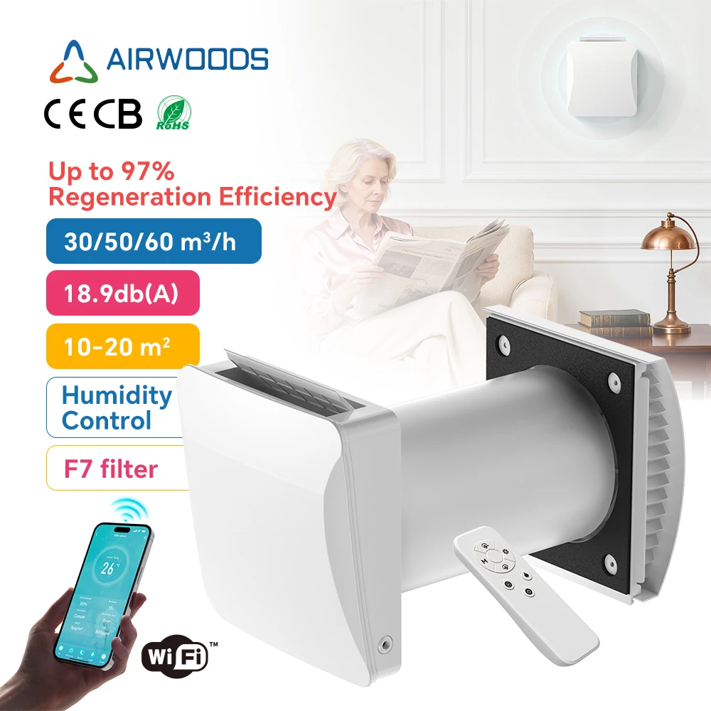 

Airwoods AV-TTW6E Mini Heat Recovery Ventilation HRV Reversible DC Fan Easy Install Fresh Air Supply Unit For Tiny Homes