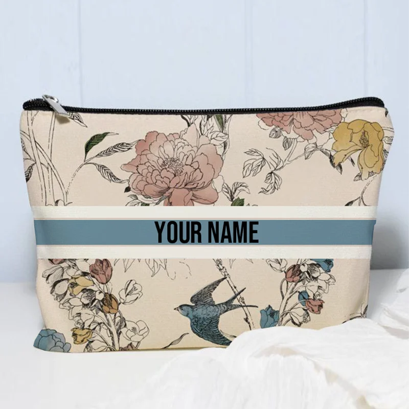 Vintage Floral Makeup Bag Custom Name Handbag for Women Travel Cosmetic Organizer Toilet Pouch Trendy Side Bag for Ladies Purse