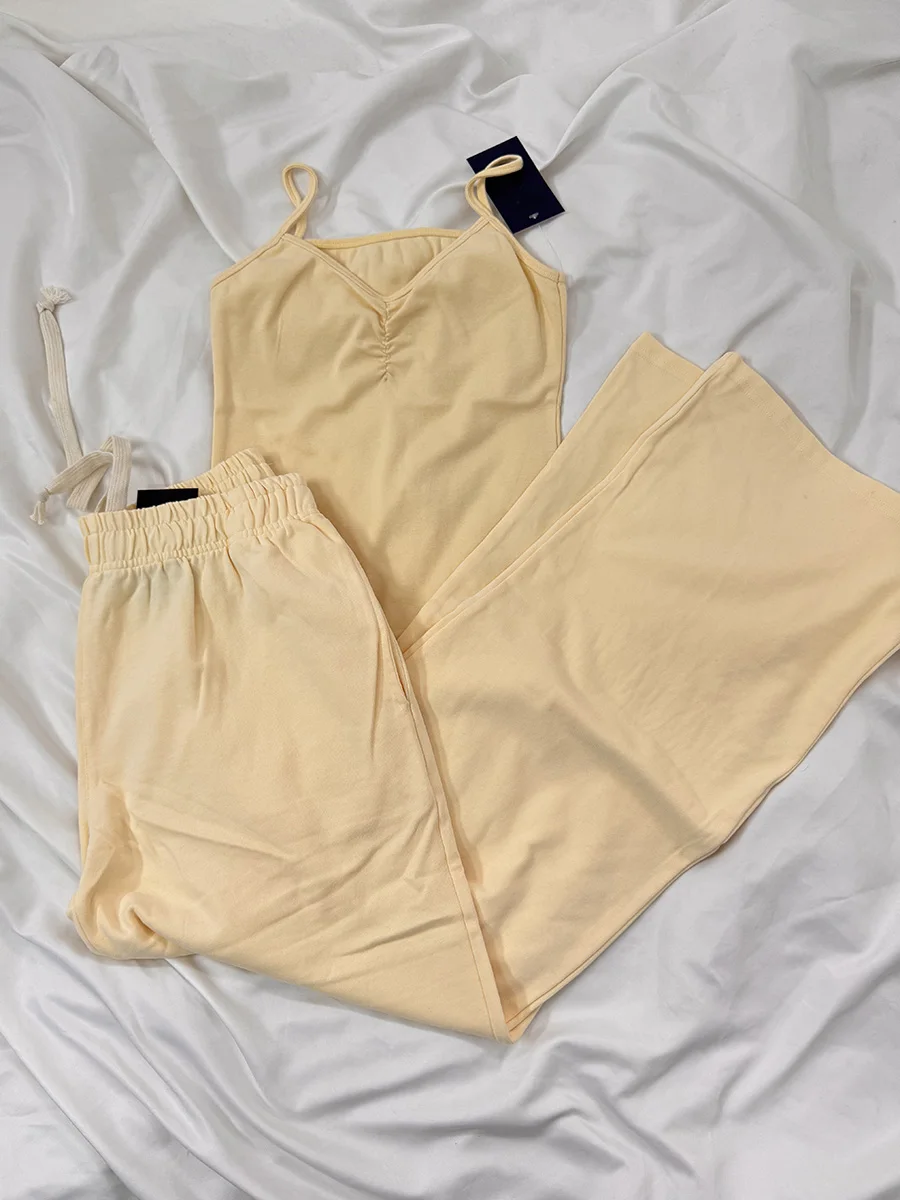 

Light Yellow Cotton Thin Slim Tank Top Women Folds V-neck Sleeveless Crop Tops Summer Sweet Home Drawstring Sweatpants Sets