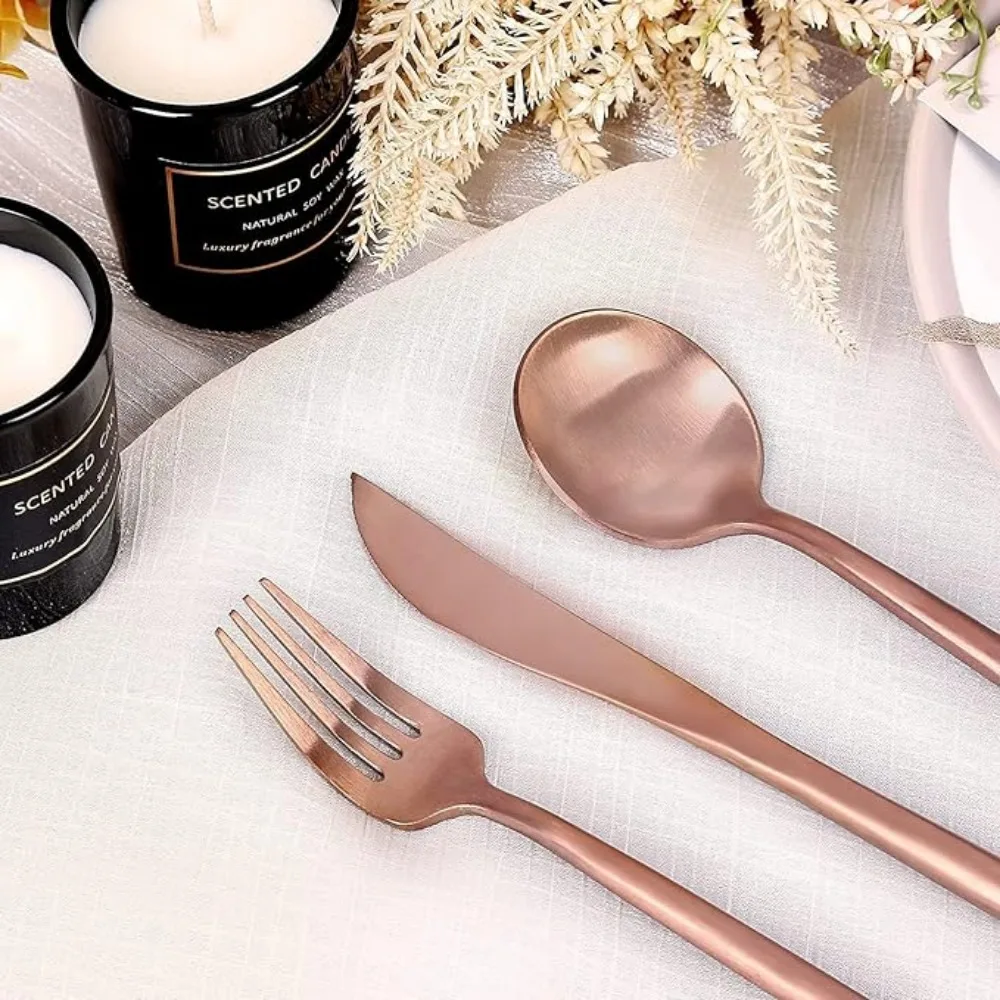 4PCS Stainless Steel Rose Gold Knife Fork and Spoon Tableware Set Steak Fruit Soup Suitable for Family Restaurants Easy Clean
