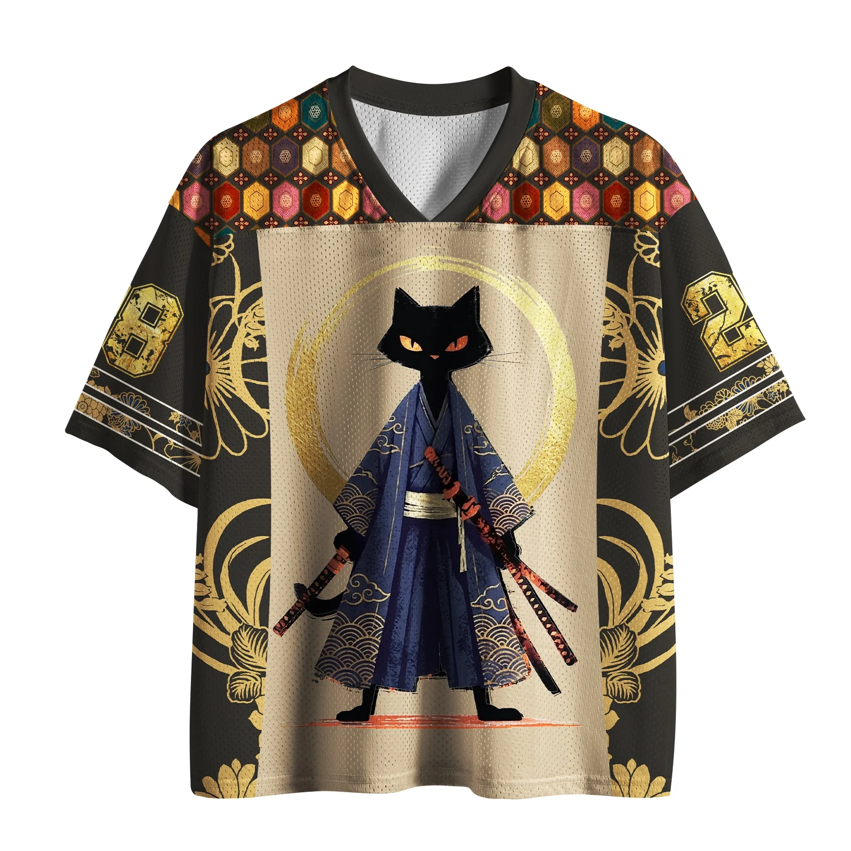 Japanese Ukiyo-e Black Cat Samurai Print V-neck Jersey Breathable Mesh V-neck T-shirt for Adults and Children