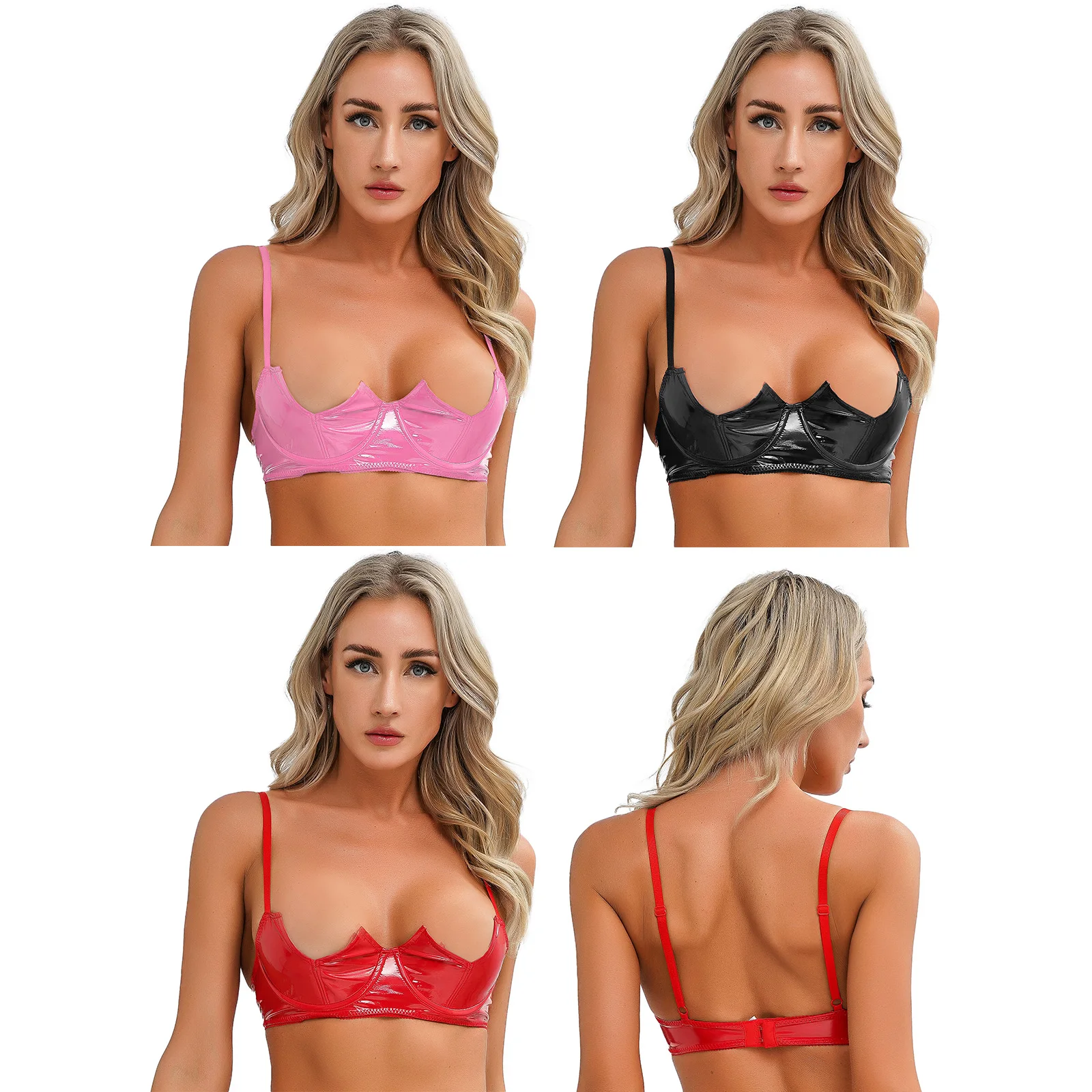 Womens Wetlook Bra Tops Patent Leather Underwired Bralette Tops Lingerie Sexy Underwear Adjustable Straps Brassiere Nightwear