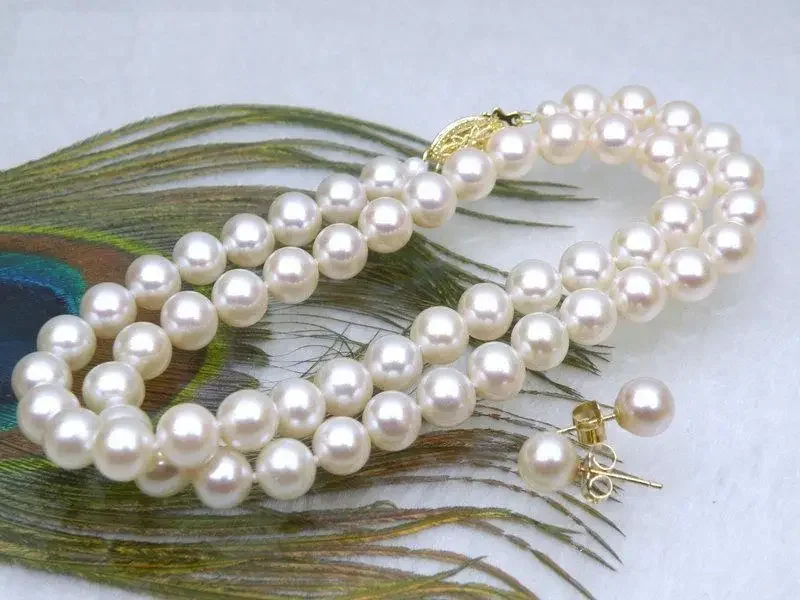 Gorgeous AAAA 8-9mm round Akoya white natural pearl necklace earrings 14K clasp fine jewelryJewelry Making