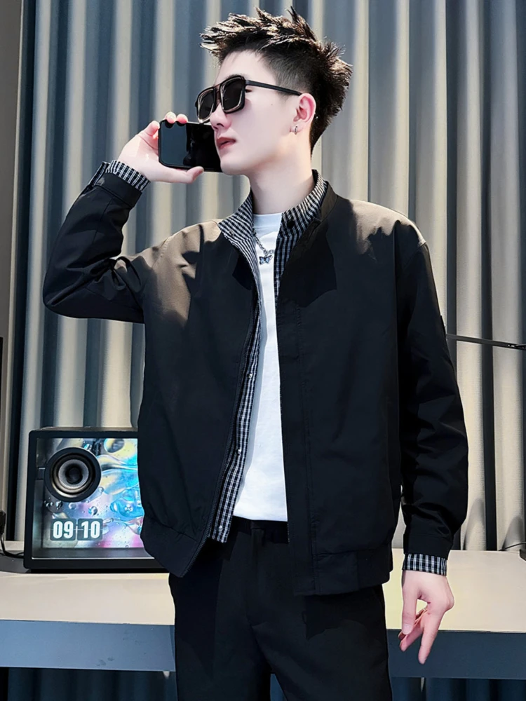 

Faionable клетчатый дизайн, мужская куртка с воротником-стойкой, весна-осень, модная брендовая искусственная двухсекционная верхняя одежда Sli