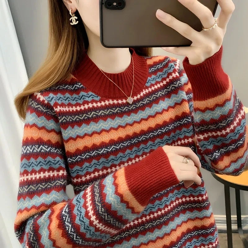 Half high collar women\'s sweater Autumn winter 2025 new loose pullover sweaters warm thicken stripe vintage ethnic style knitwea