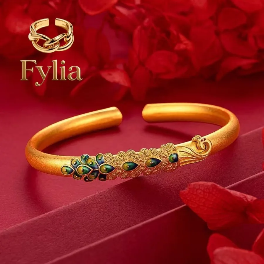 

Fylia Jewelry 9999 genuine 24K antique peacock screen enamel gemstone bracelet fashion jewelry open bracel