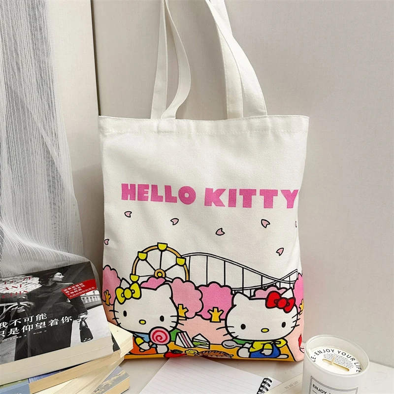 Sanrio Hello Kitty Kawaii Canvas Bag Cute Women Anime Large Capacity Student Handbag Cartoon Shoulder Shopping Bags Girls Female