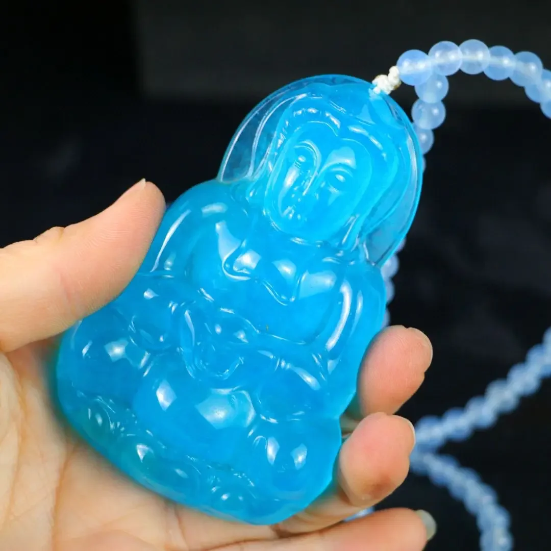 

Myanmar Laokeng jadeite ice blue carved aquamarine Guanyin jade pendant jade pendant jewelry men's