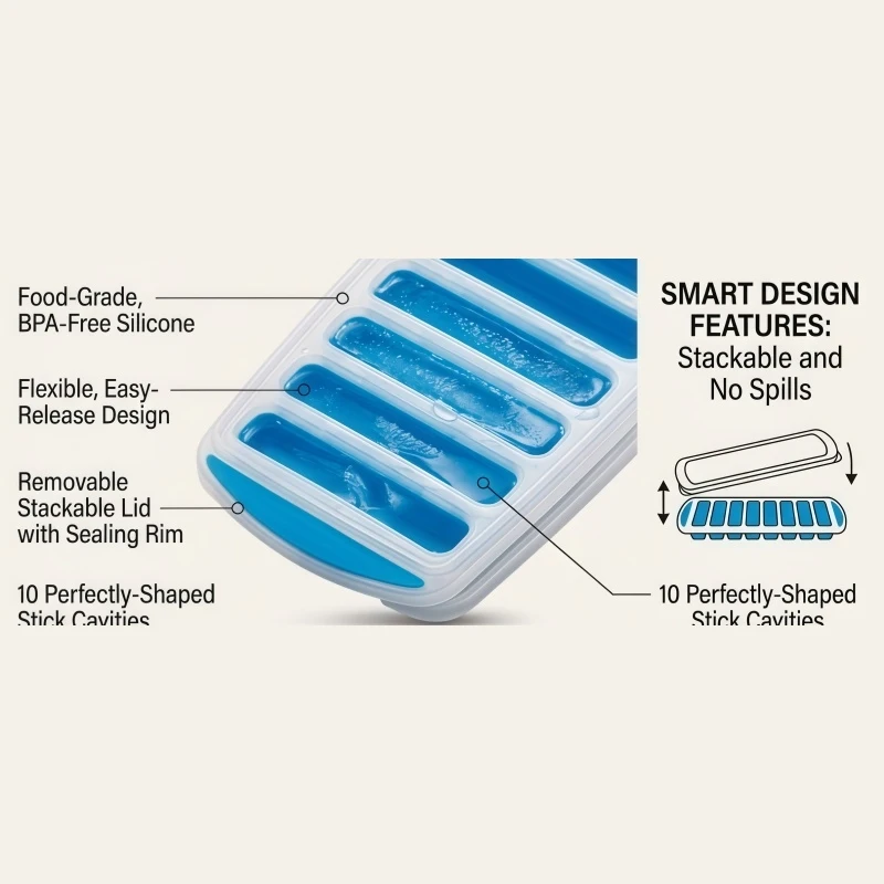 

Pop Out Plastic Ice Cube Tray with Lid Reusable Ice Stick Tray Mold for Water and Sport Bottles