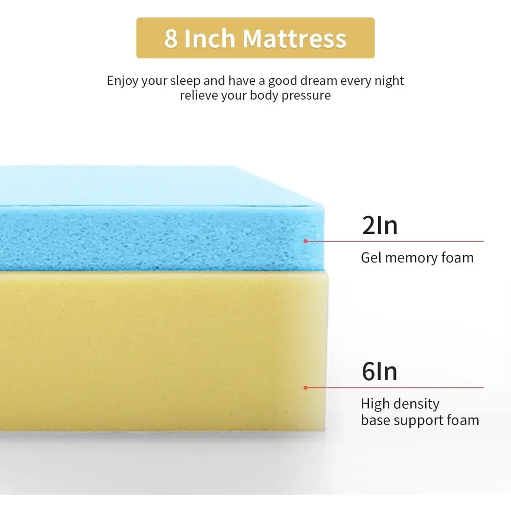 8 Inch  Gel Memory Foam Mattress Fiberglass Free/CertiPUR-US Certified/Bed-in-a-Box/Cool Sleep & Comfy Support