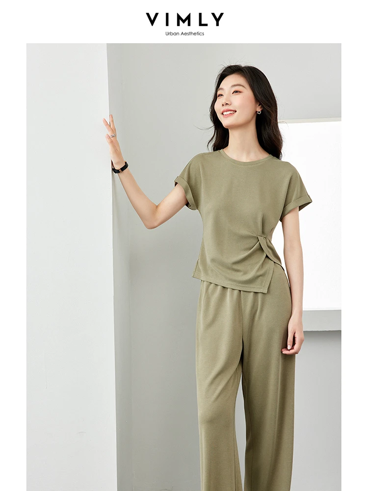 VIMLY Women Tracksuit Set Stylish Summer Tracksuit Set Solid Short Sleeve Slit Top+Elastic Waist Wide-Leg Pants Matching Sets