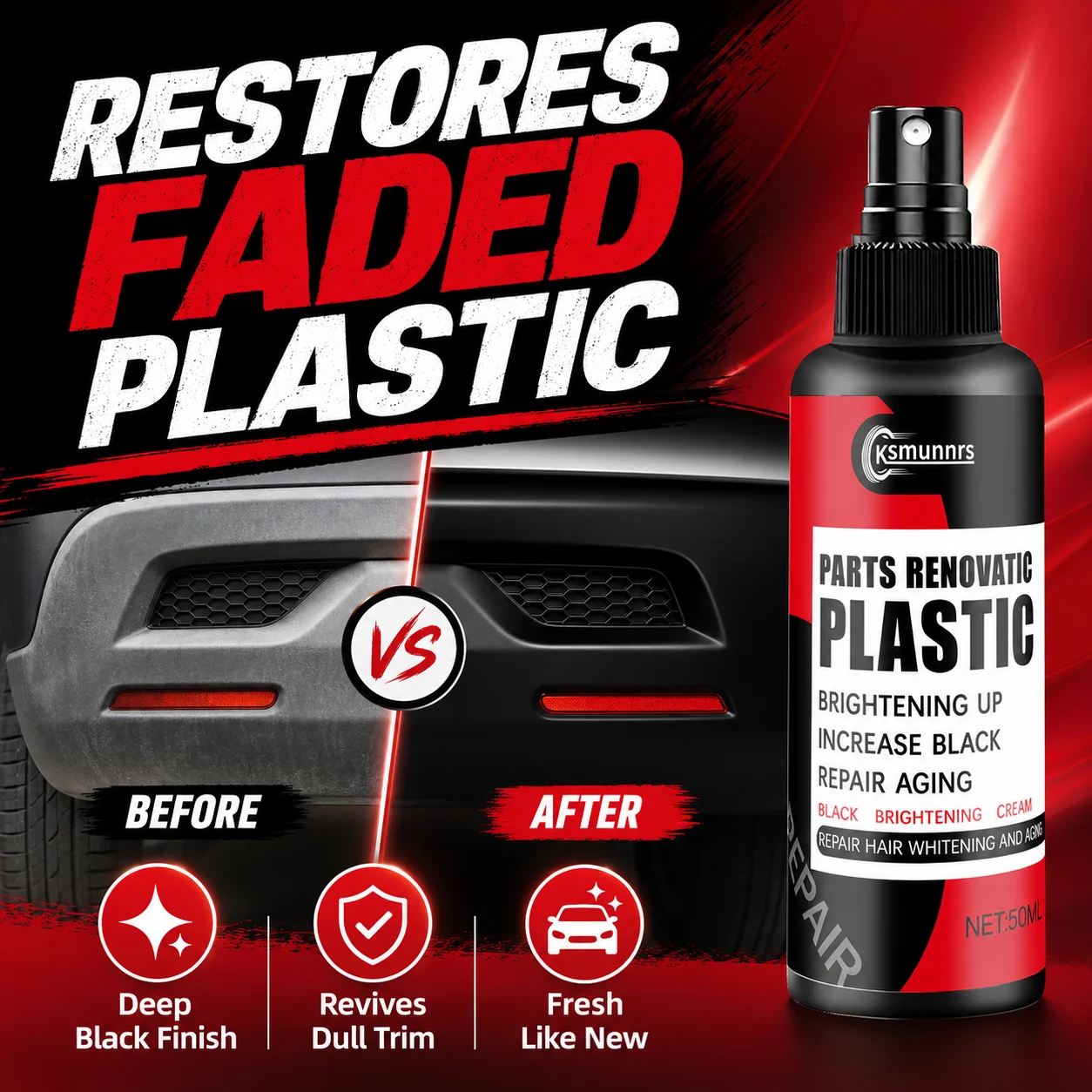 50ml Plastic Renovating Coating for Car, Brightens & Increases Black, Repairs Aging, Restores Faded Auto Plastic Trim