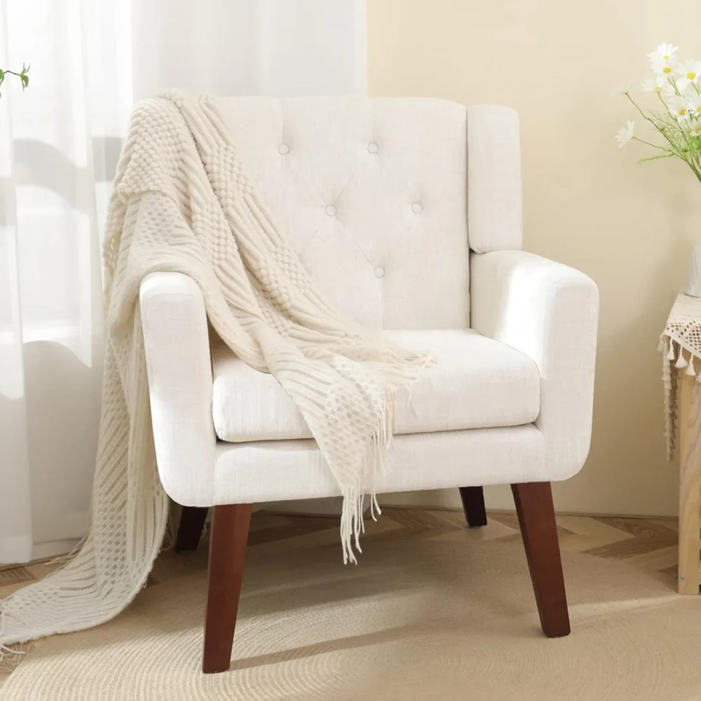 

Reading Chair Button-Tufted Upholstered Comfy Mid Century Modern Chair with Linen Fabric Lounge Arm Chairs