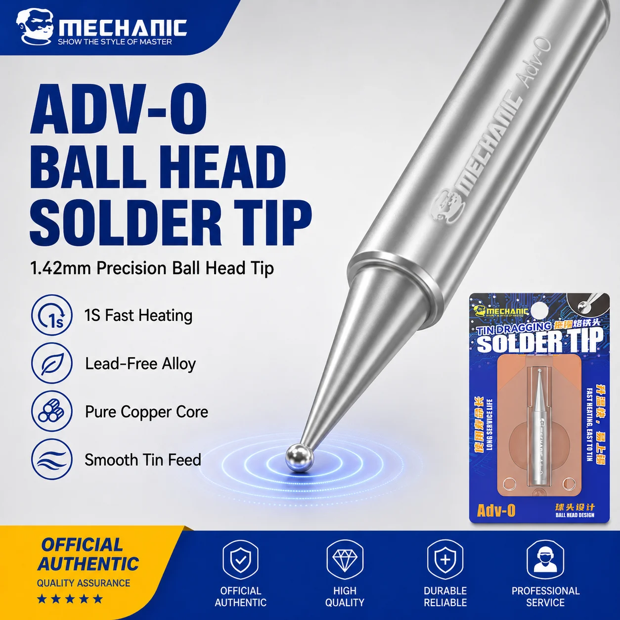 MECHANIC Adv-O Lead-Free Ball Tip Soldering Iron for Micro Soldering PCB IC Chip Solder Bridge Repair Mobile Phone Motherboard