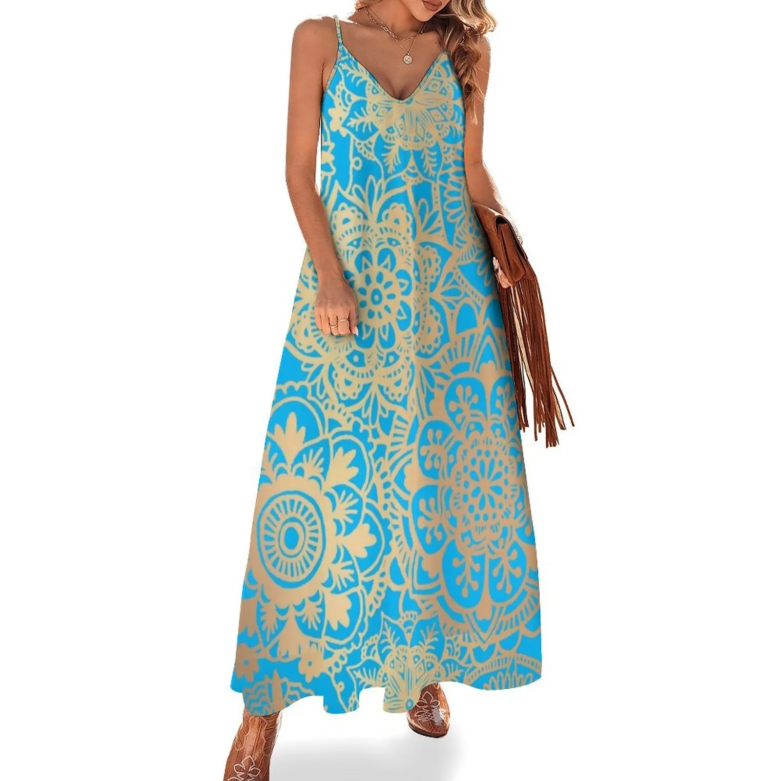 

Light Blue and Gold Mandala Pattern Sleeveless Long Dress Party dresses for women Dress