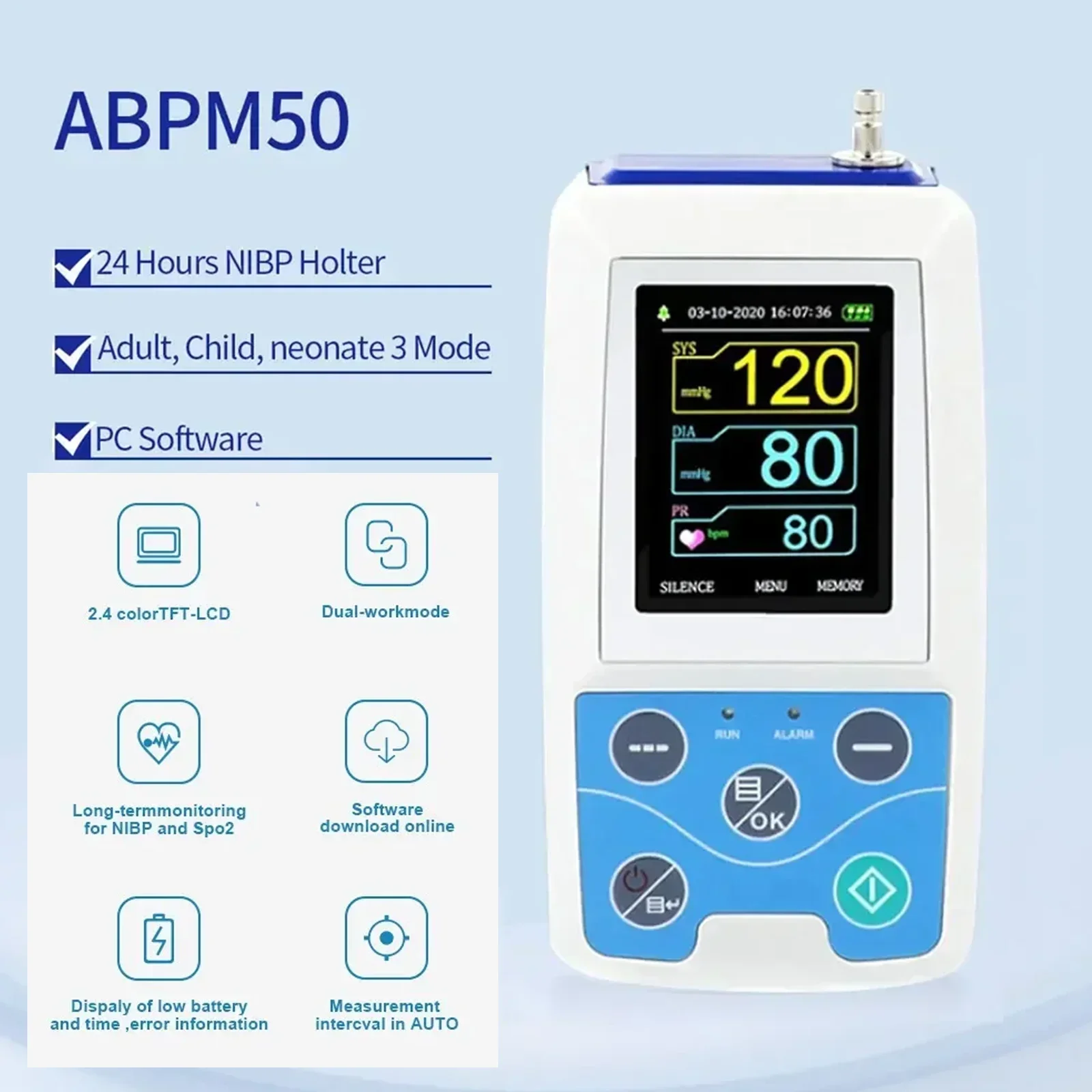 CONTEC 24-Hour ABPM50 Blood Pressure Monitoring System NIBP, Pulse Rate, SPO2, Ambulatory Bp Monitoring(1cuff or 3cuff Optional)