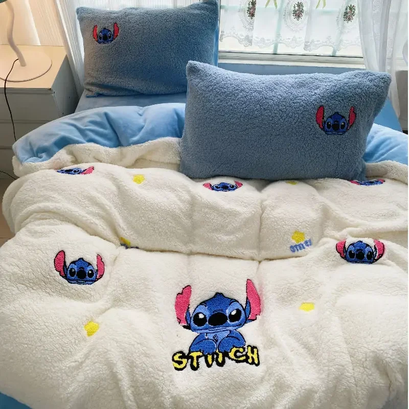 Disney Stitch Mickey Lotso Daisy Chip Dale Donald Duck Winnie the Pooh cute cartoon pattern warm sherpa bed sheet set of four