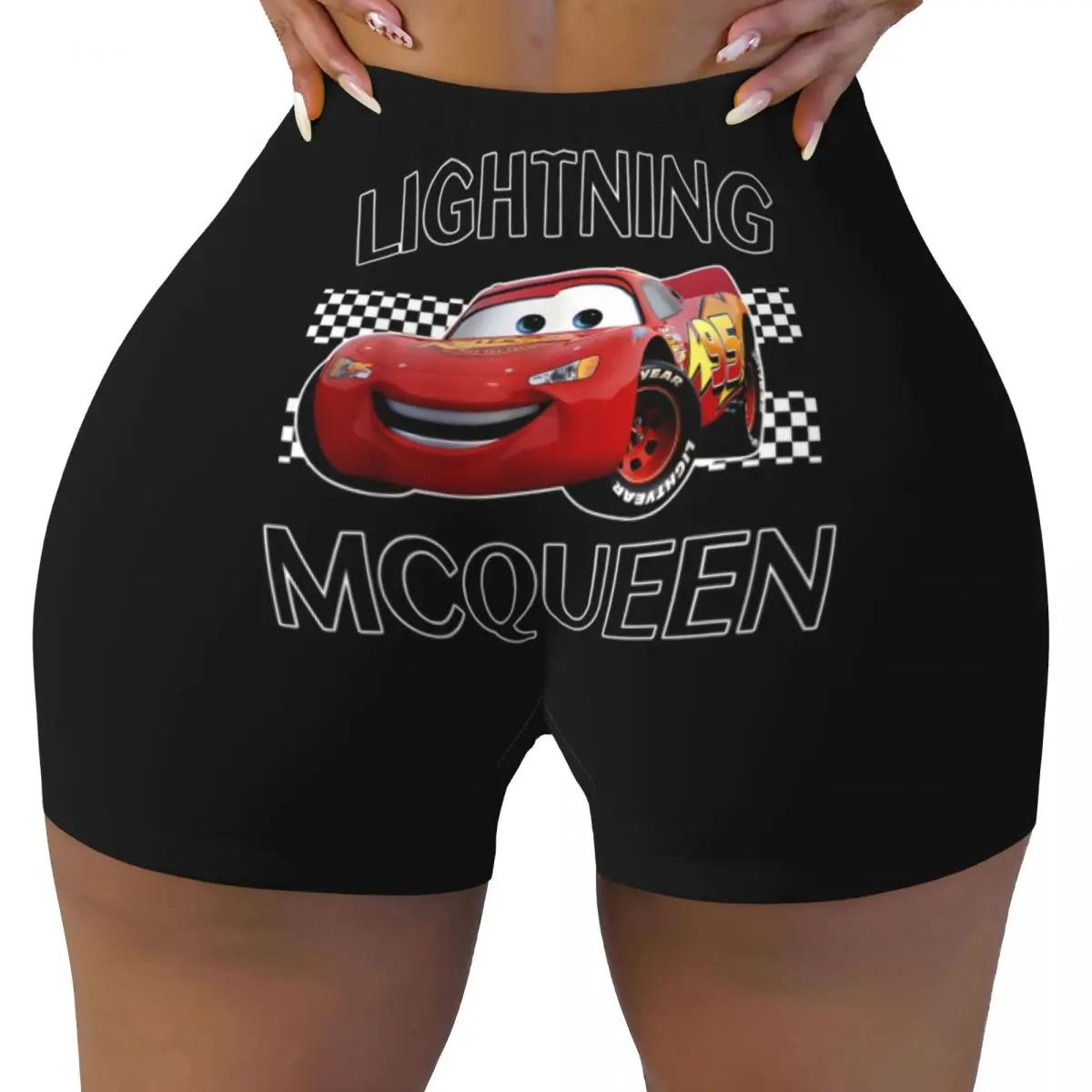 Custom Women Lightning McQueen Workout Yoga Shorts Cartoon Cars Gym Athletic Volleyball Biker Shorts