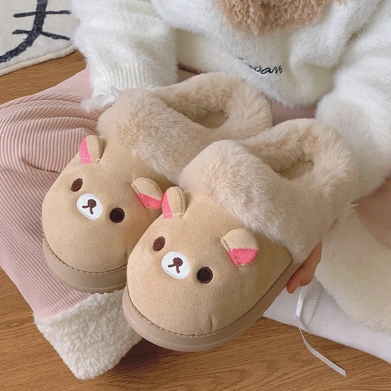 

New Cute Rilakkuma Winter Wear Non Slip Warm Shoes Home Cute Bear Couple Slippers Anime Surrounding Girls Christmas Gift