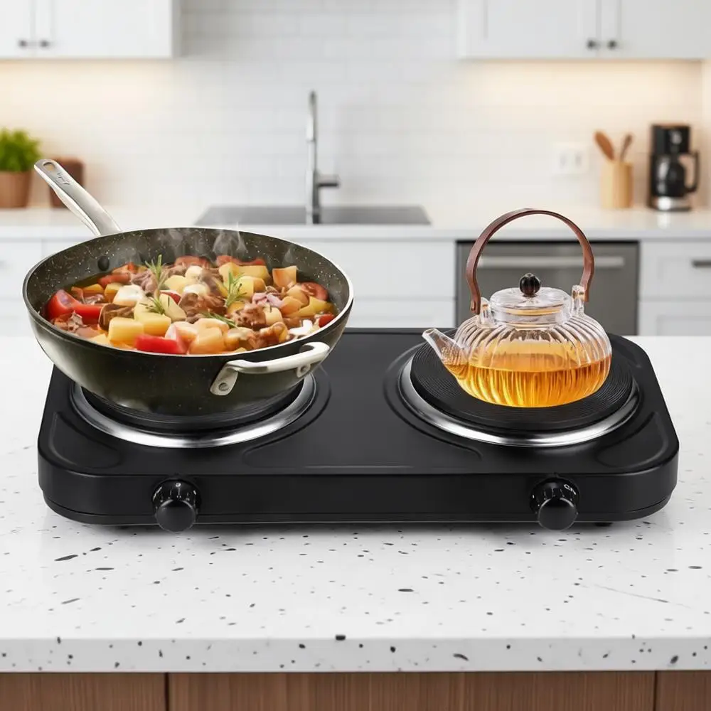 

Double Cast Iron Burner 1800W Electric Hot Plate Adjustable Temperature 6.1 Cooktop for Dorm, Office, Home, Camp, All Cookware