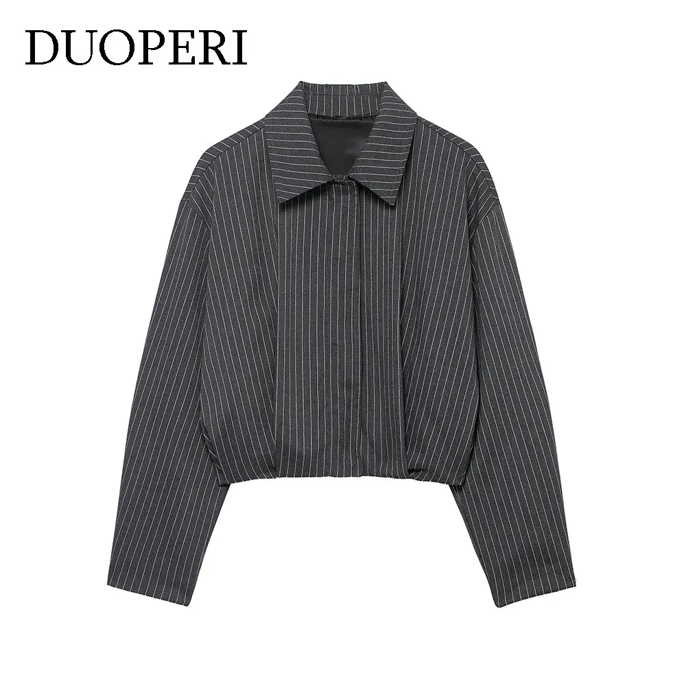 

DUOPERI Women's Striped Front Zipper Bomber Jackets Casual Lapel Neck Long Sleeve Female Chic Lady Outfits