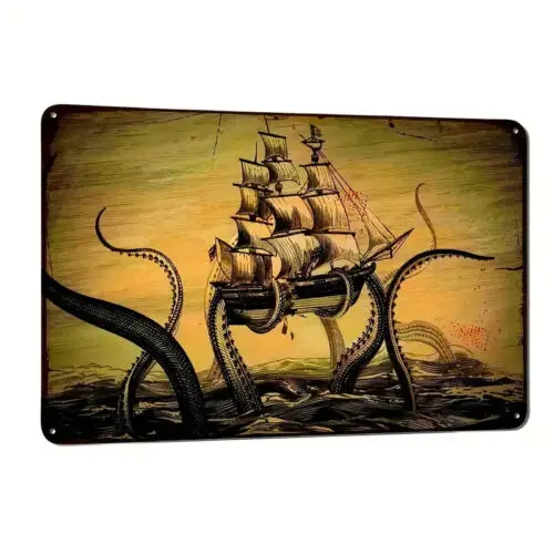 Sailing Ship & Kraken Octopus 12 x 8 inch Tin Sign