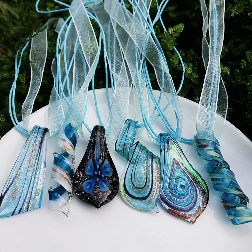 1PCS Handmade Murano Lampwork Glass Quartz Crystal Leaf Pendant Necklace Women Gauze Belt Spiral Glaze Charm Gift Jewelry Beach