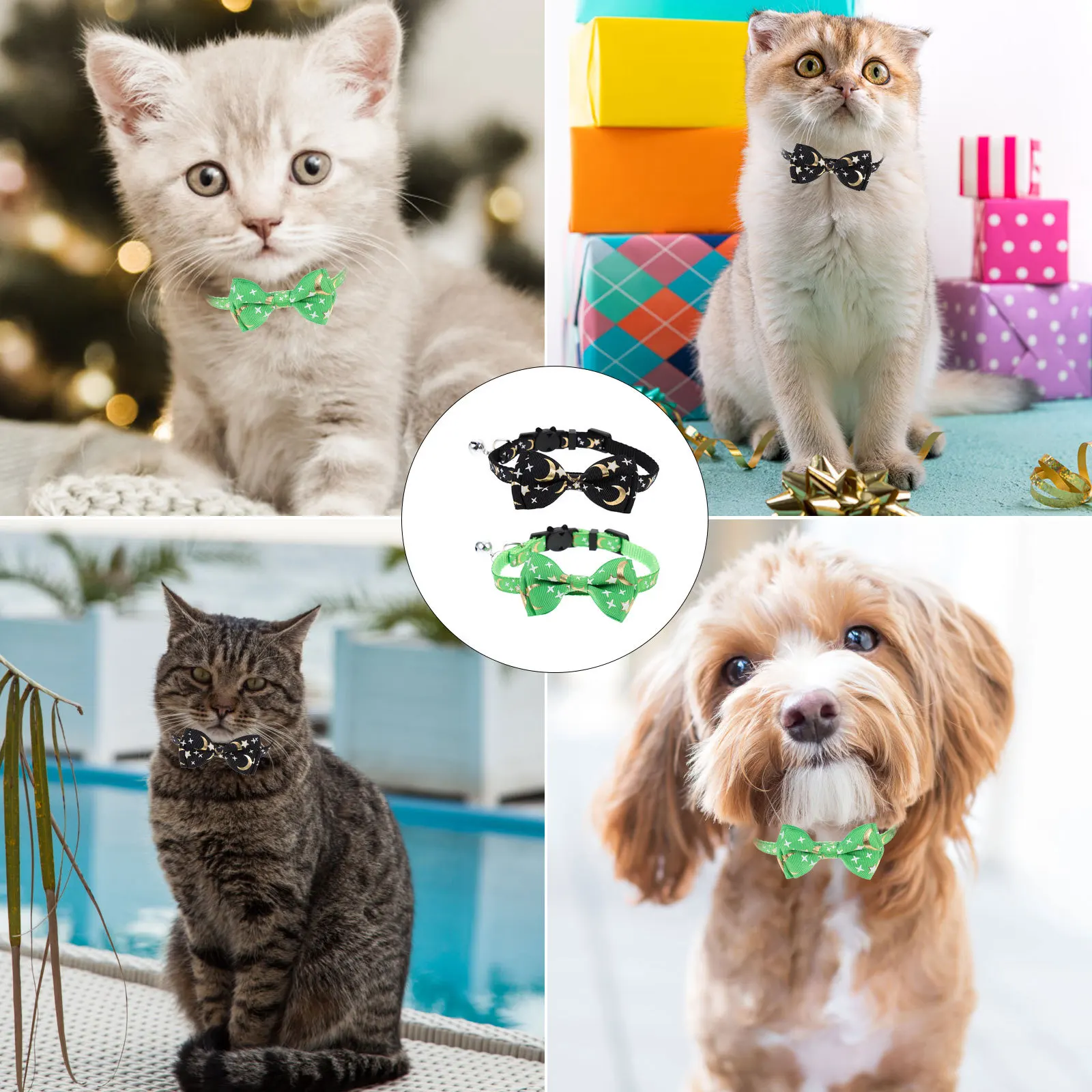 

2Pcs Cat Collar Adjustable Bow-Knot Decorative Kitten Collar Party Pet Neck Strap Bell Portable Washable Pet Collars for Cats
