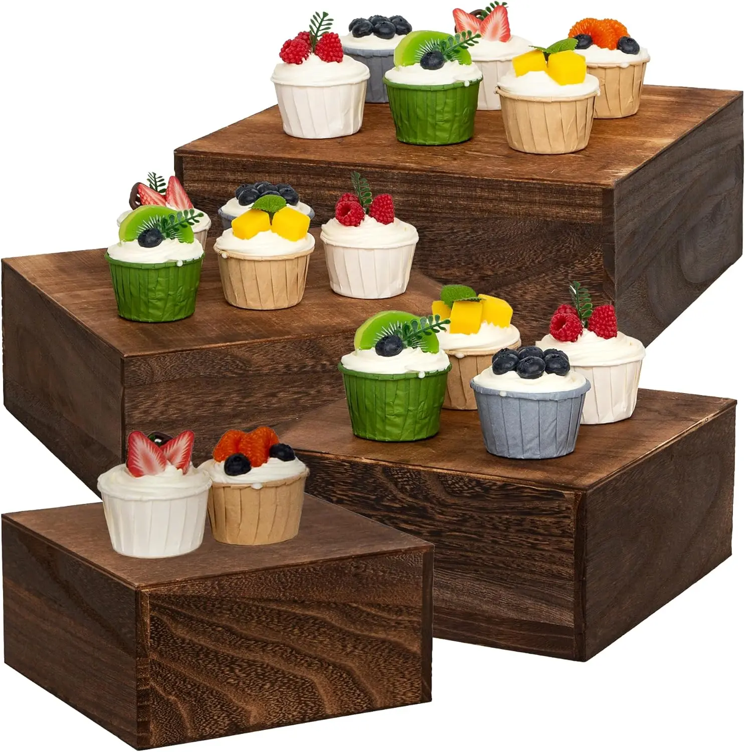 

4-Piece Antique Brown Wooden Cake Stands, 12-Inch Square Display Risers for Weddings, Birthdays, Christmas